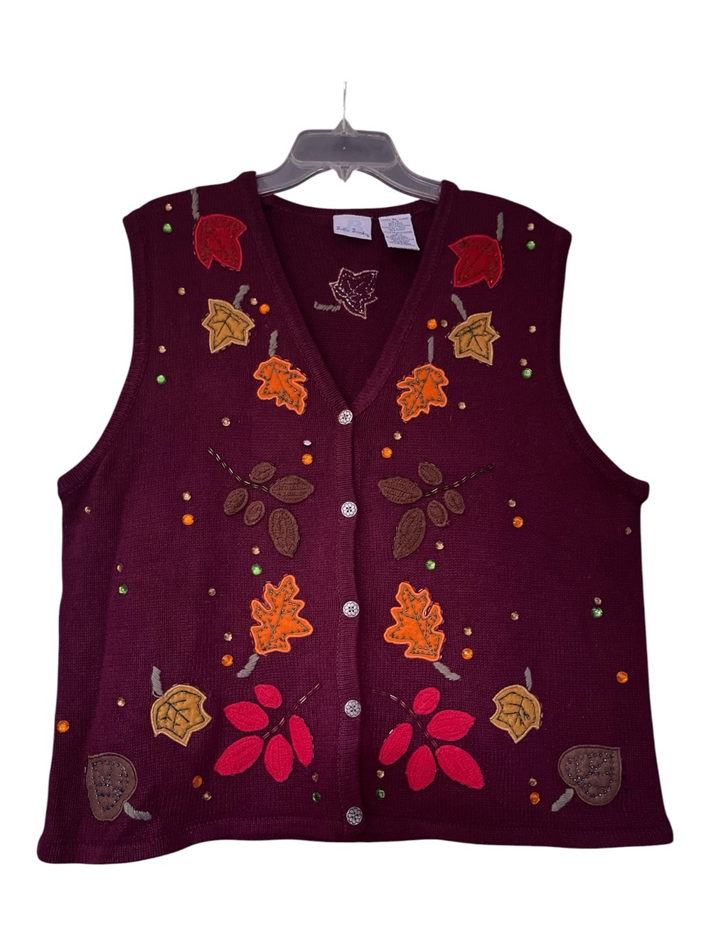Bobbie Brooks Vintage Fall Leaf Embroidered Sweater Vest XL Maroon Cozy